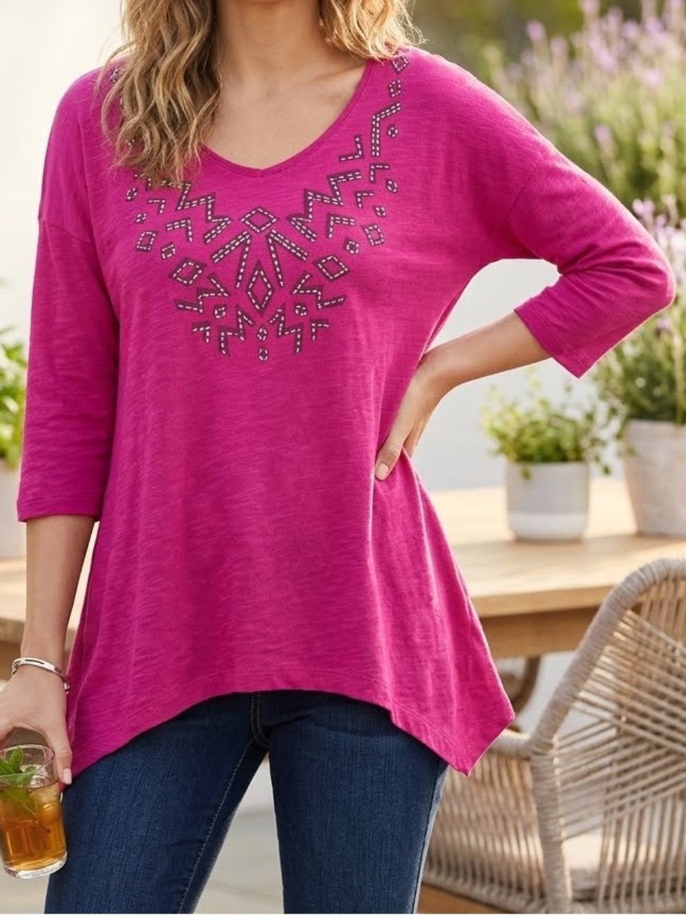 Thomas & Olivia Top Embellished Sharkbite fuchsia pink, silver bling, medium NWT